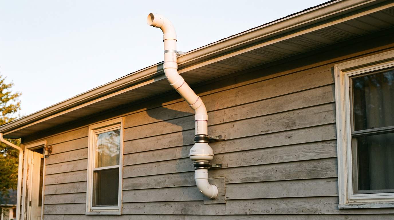 Exterior radon system run on a ranch-style home