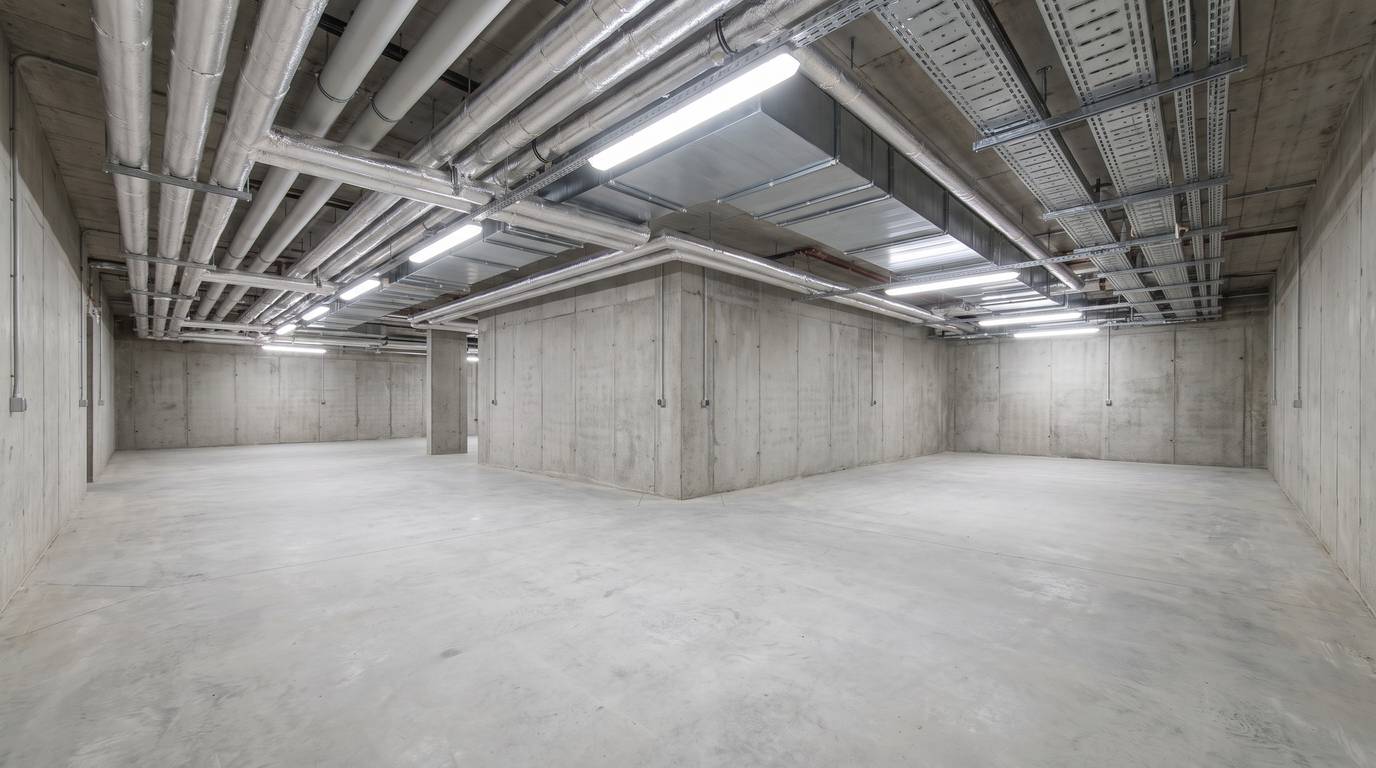 Exposed slab and utility runs in a commercial mechanical room