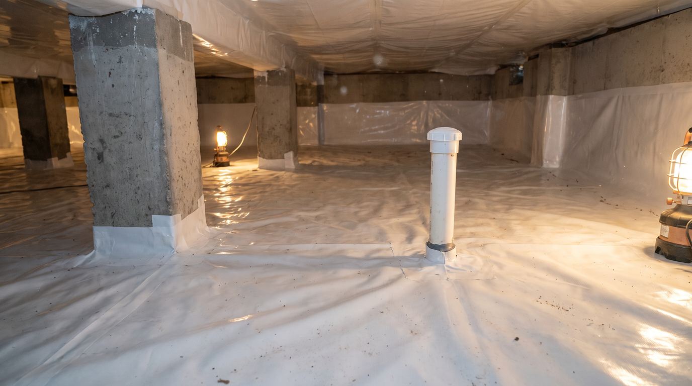 Sealed vapor barrier over a crawl space floor with the suction pipe in place