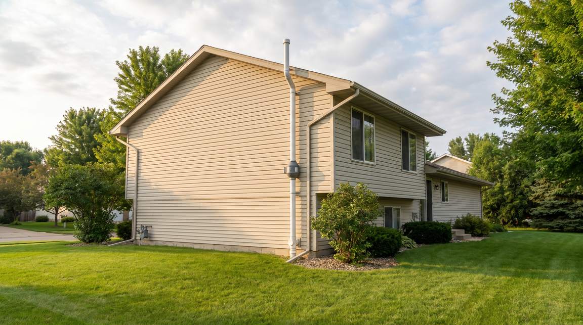 Sealed radon vent pipe running from the rim joist to above the roofline on a Rapid City home