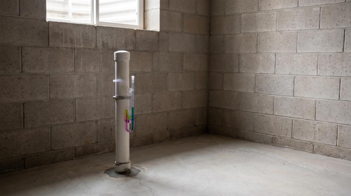 Sealed slab penetration with a PVC riser and U-tube manometer in an unfinished basement