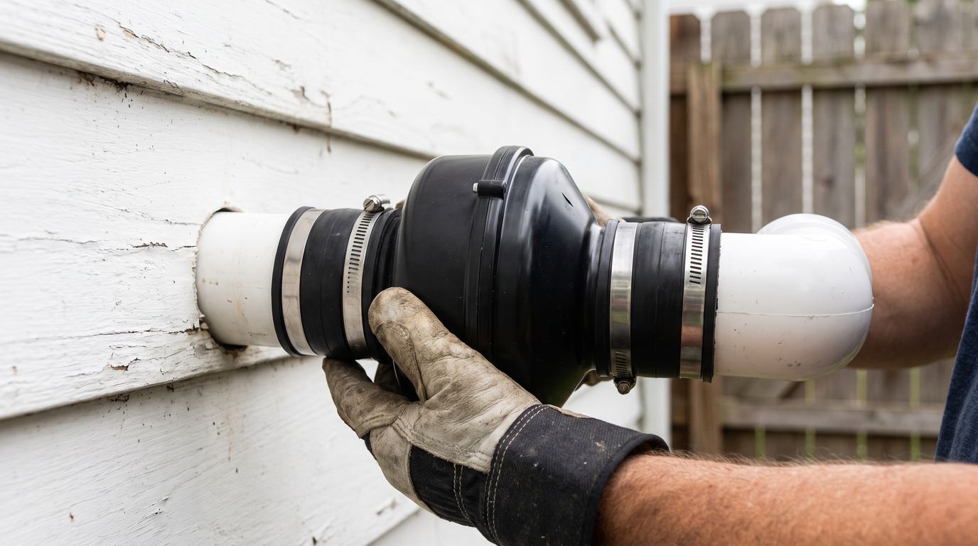 Fitting a replacement inline radon fan into an exterior PVC run