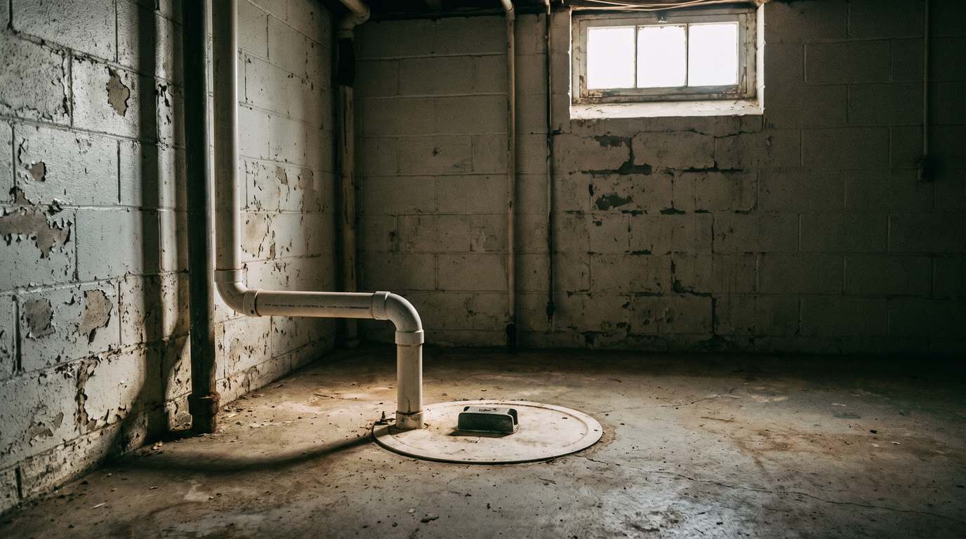 Suction point and sealed sump lid in an older block-wall basement